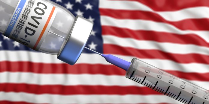 USA Coronavirus vaccine. Covid-19 vaccination, US of America flag background. 3d illustration